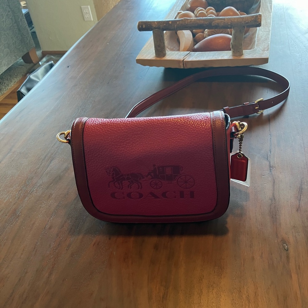 Coach Raspberry-Pink Pebbled Saddle BAG Leather Crossbody with Brown Trim - Picture 3 of 8